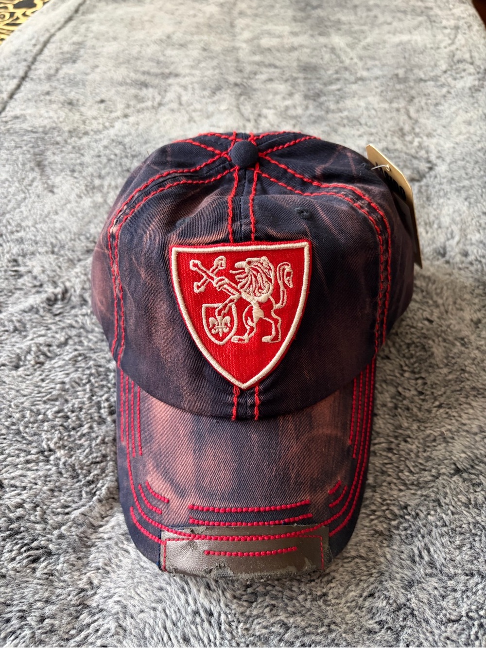 Distressed Navy Baseball Cap with Red Shield Patch